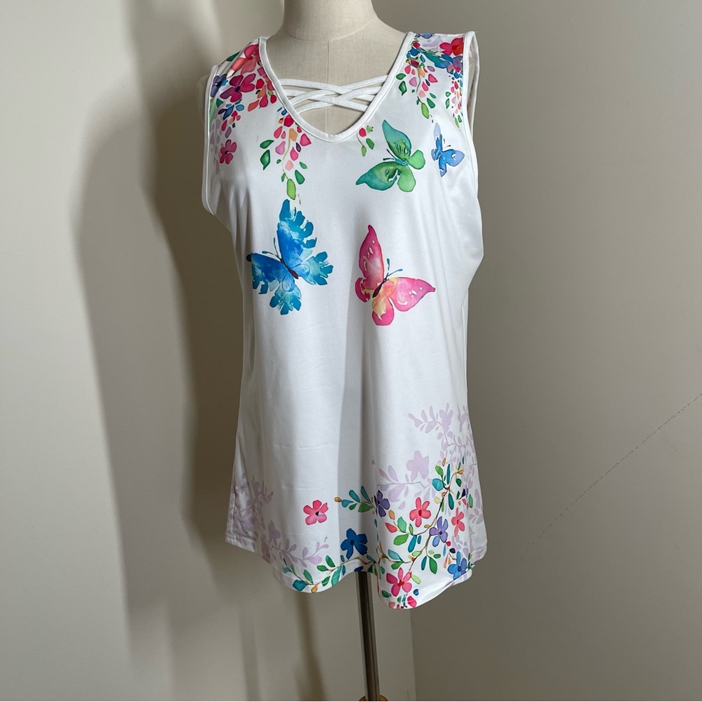 Women’s Sleeveless Floral Butterfly Long Top - SZ M - White Multicolored Tank